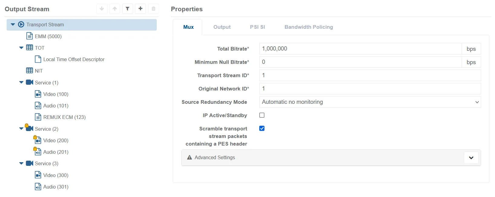 Mux SP Tab Transport Stream Properties Mux