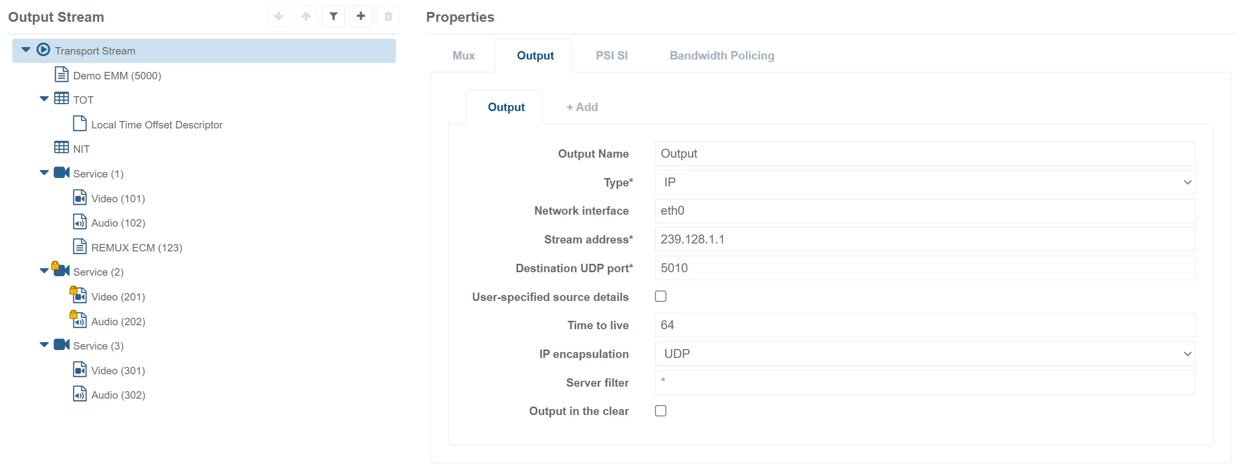 Mux SP Tab Transport Stream Properties Output