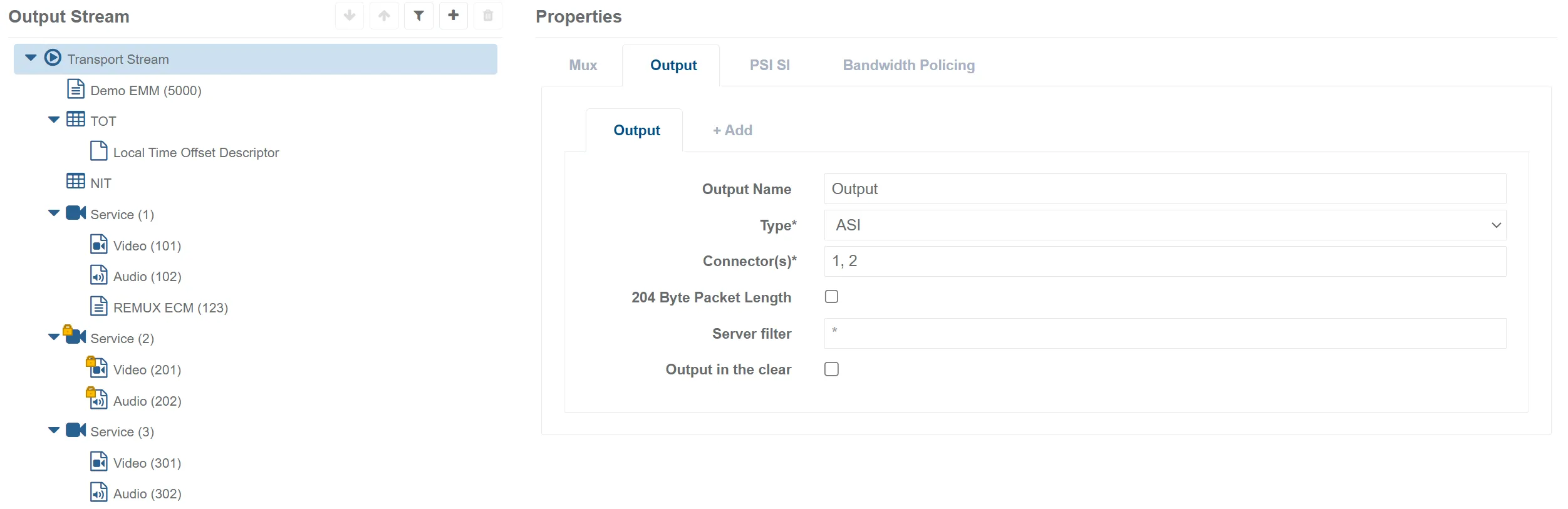 Mux SP Tab Transport Stream Properties Output ASI