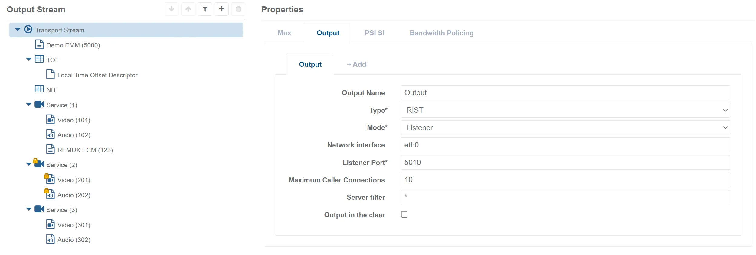 Mux SP Tab Transport Stream Properties Output RIST