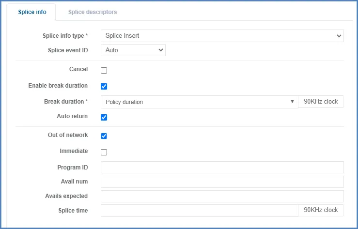 Splice Insert: splice info section configuration