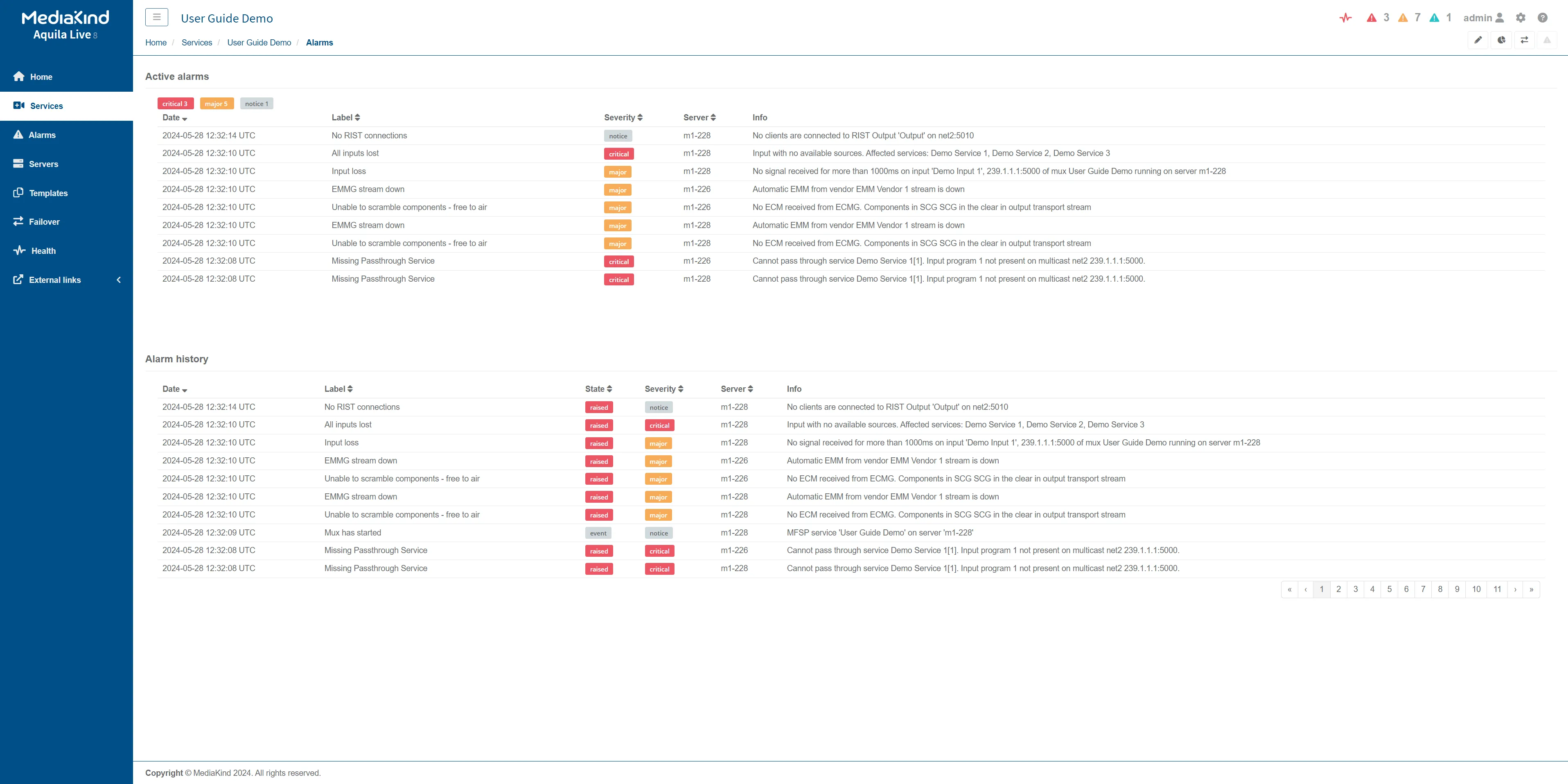 Services multiplexer alarms