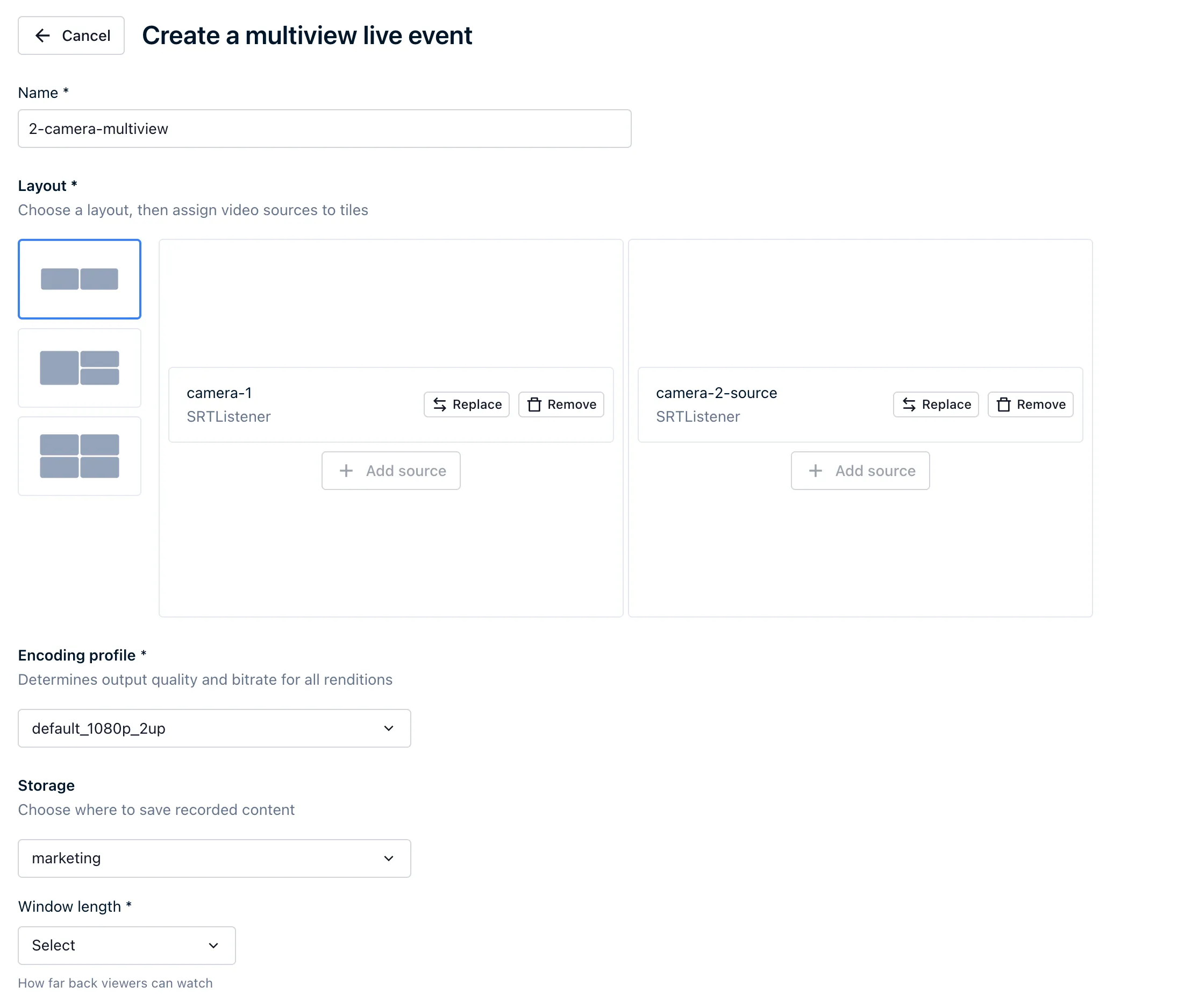 The Create a multiview live event page with the two-tile layout selected and two SRT Listener sources assigned.