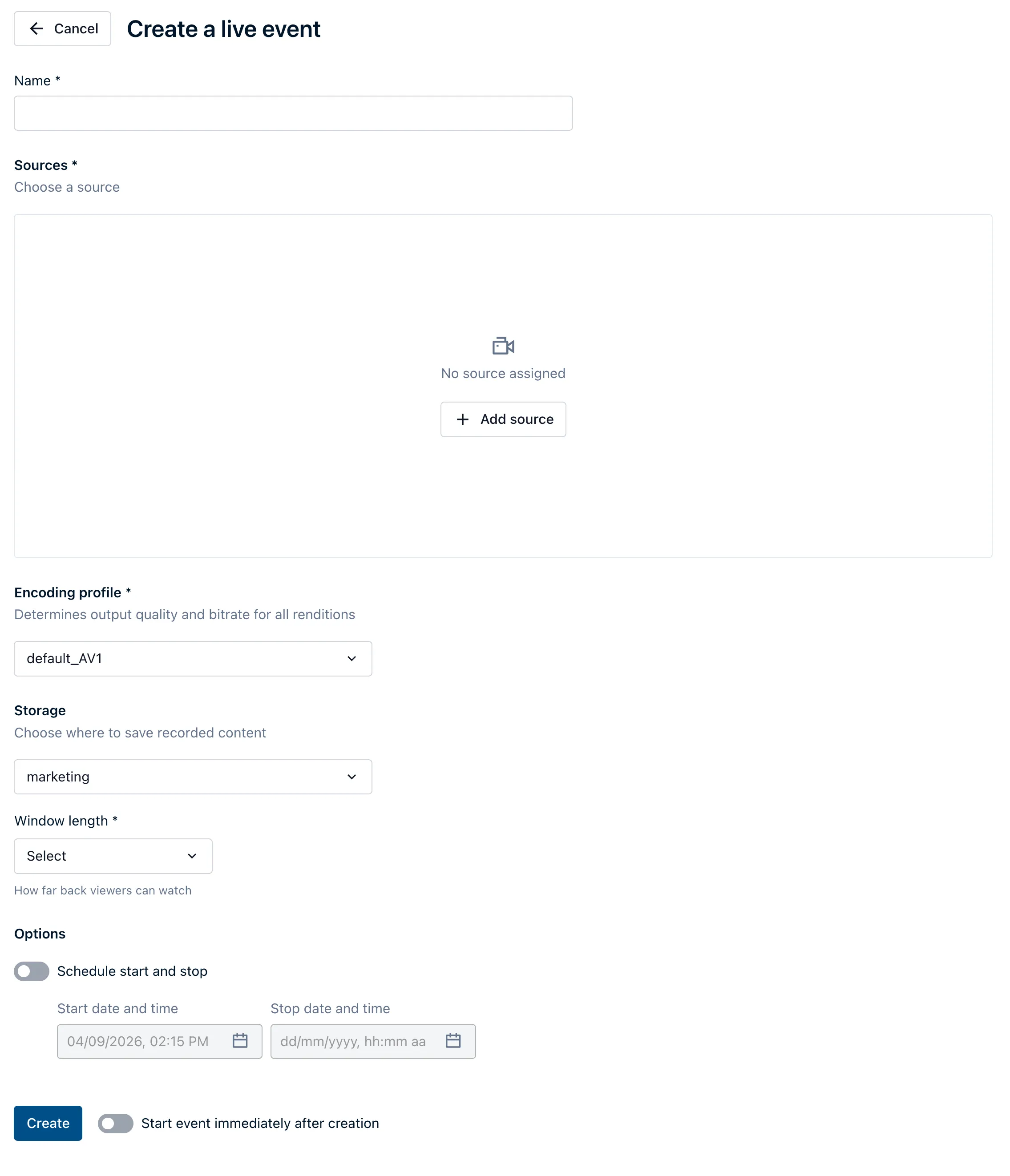 The Create a live event page showing source selection, encoding profile, storage, window length, scheduling, and immediate-start options.