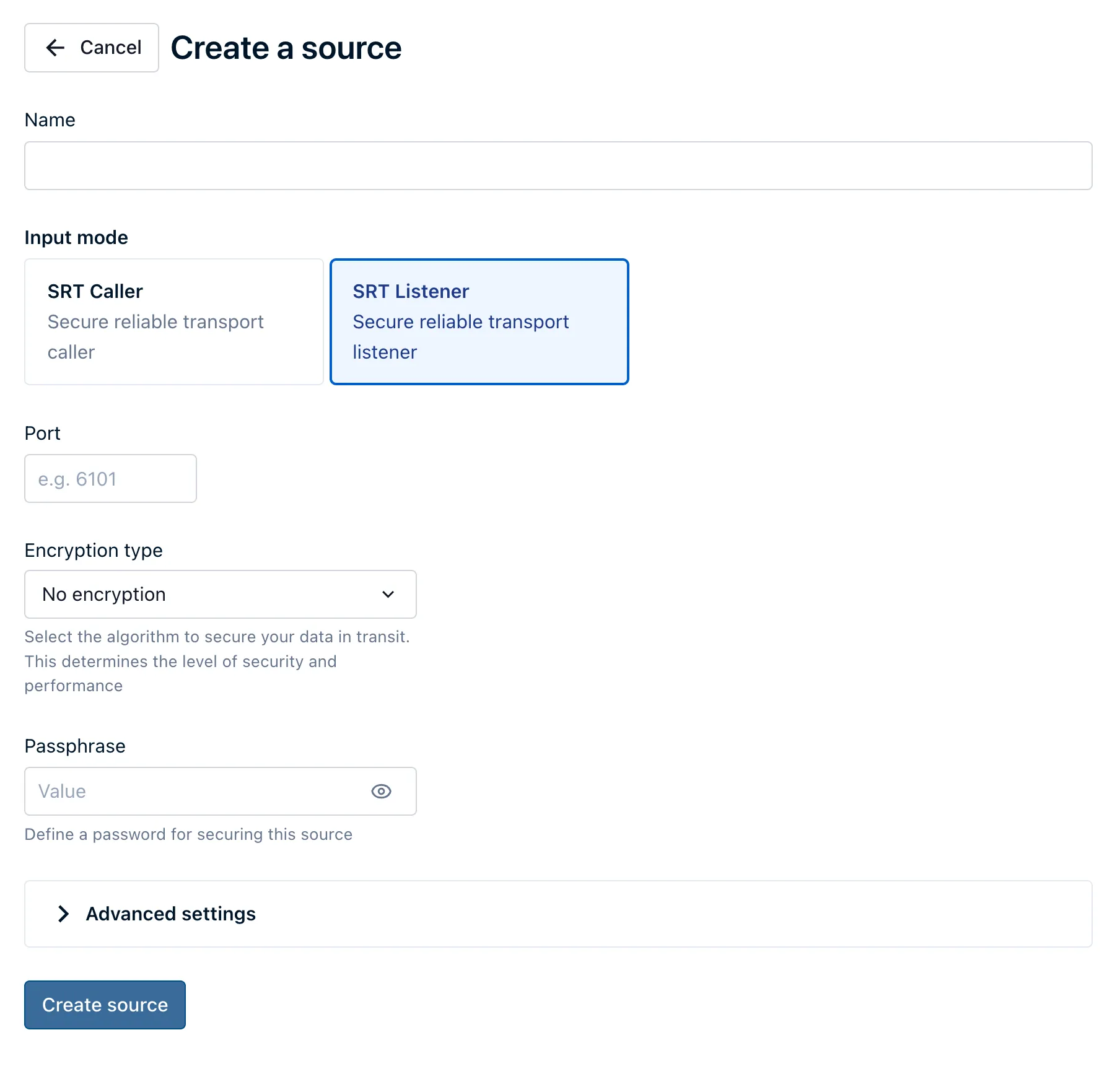 The Create a source page with SRT Listener selected.