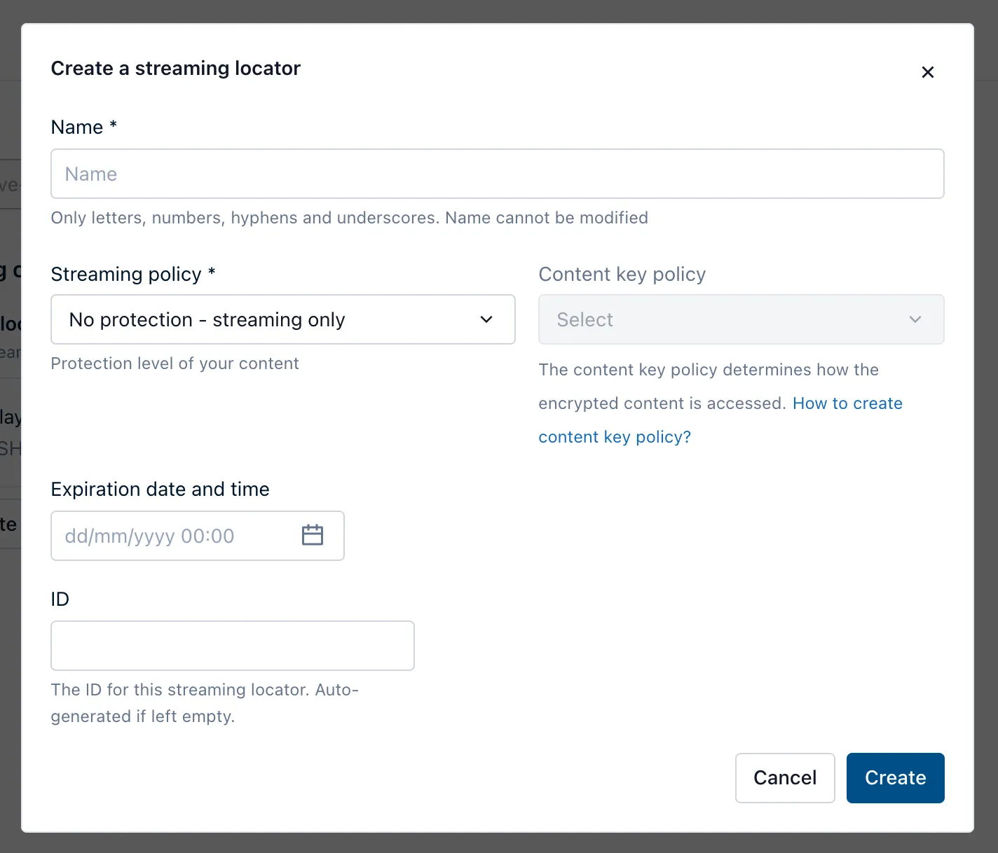 The Create a streaming locator dialog with fields for Name, Streaming policy, Content key policy, Expiration date and time, and ID.