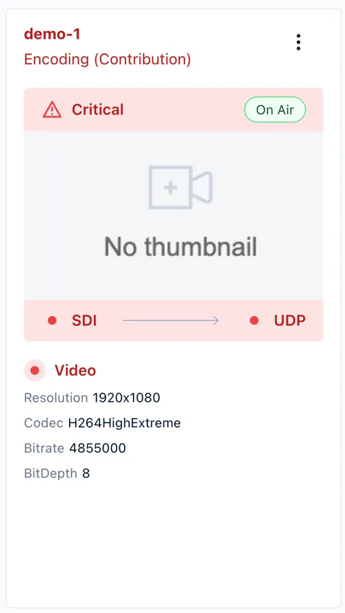 A channel card with a critical alarm: red badge, red signal diagram, and video parameters
