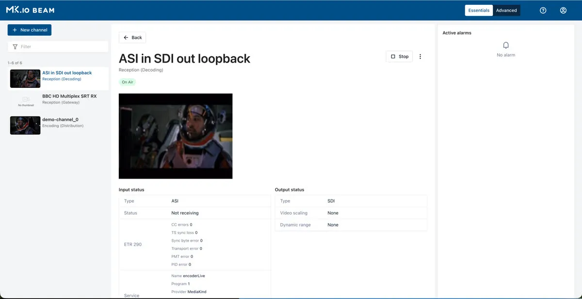 Channel detail view showing the video preview, channel selector, and no active alarms