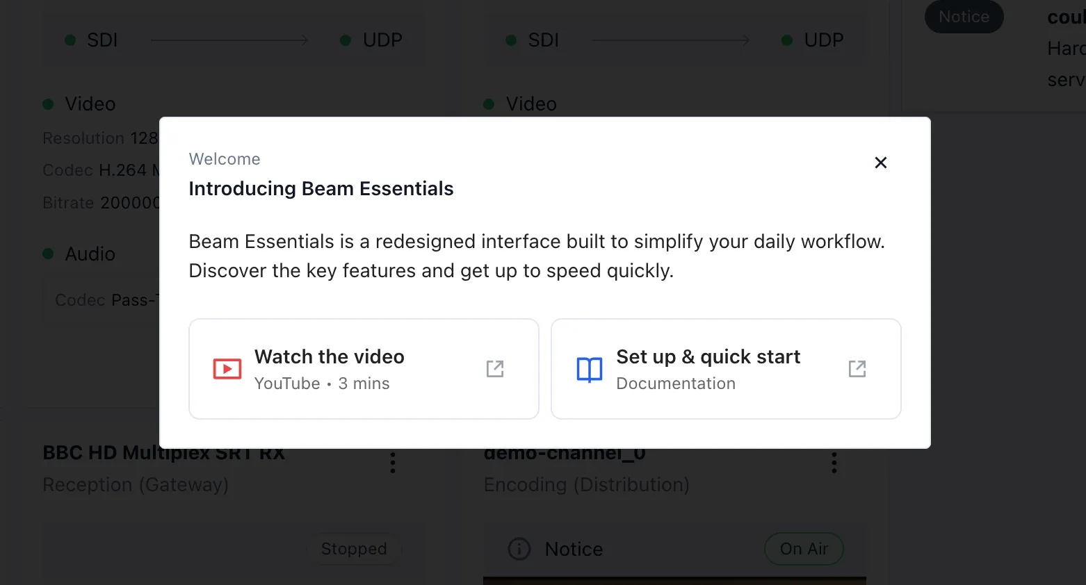 Welcome dialog introducing Beam Essentials, shown over the dashboard on first use