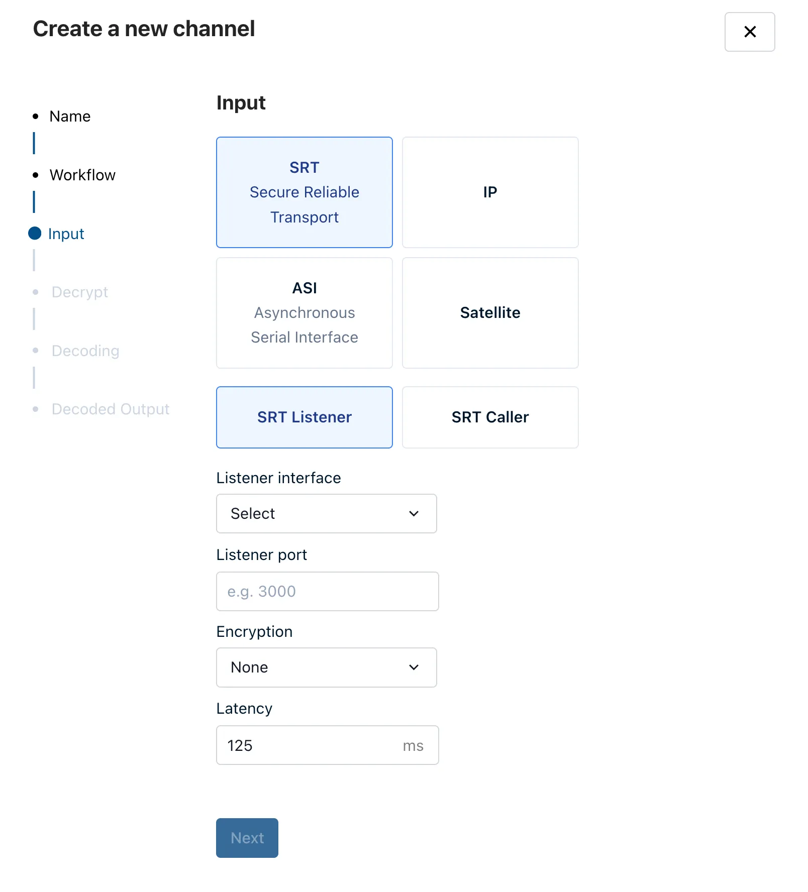 The Input step with SRT and SRT Listener selected, showing listener interface, port, encryption, and latency