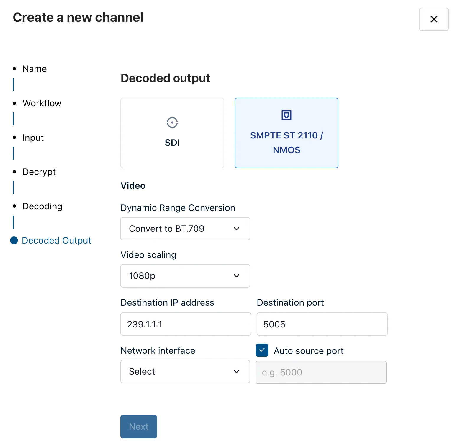 The Decoded output step with SMPTE ST 2110 / NMOS selected, showing destination address, port, network interface, and auto source port