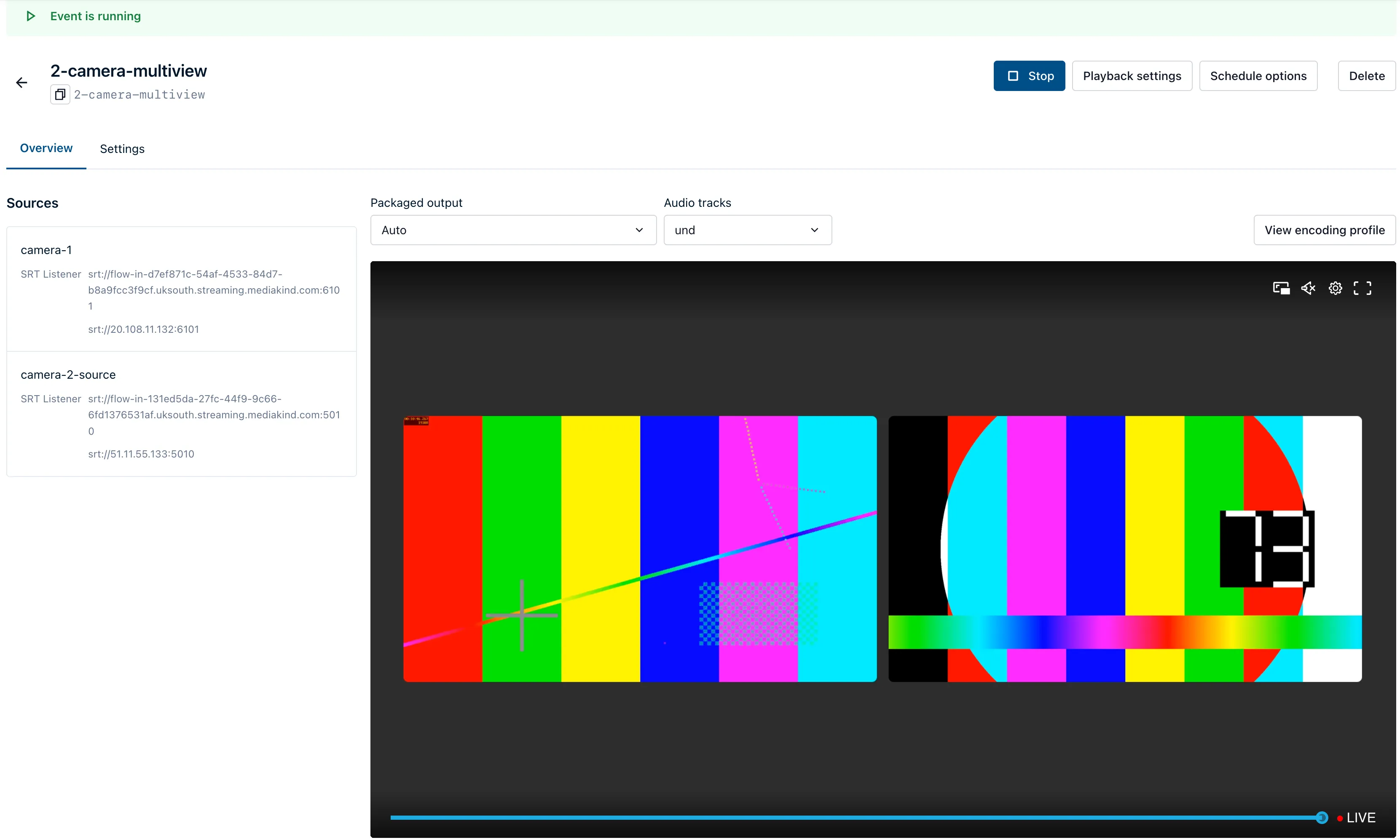 A running two-camera multiview event with two sources and the composed output in the player.