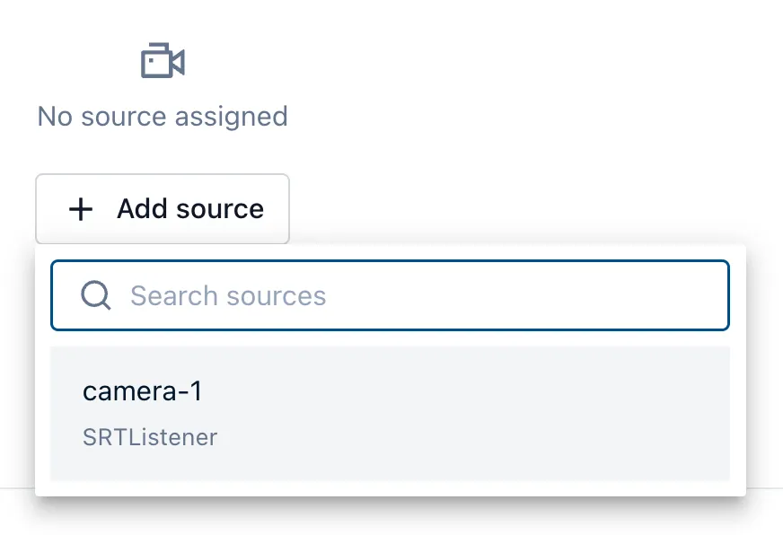 The Add source menu shows a search field and an SRT Listener source named camera-1.