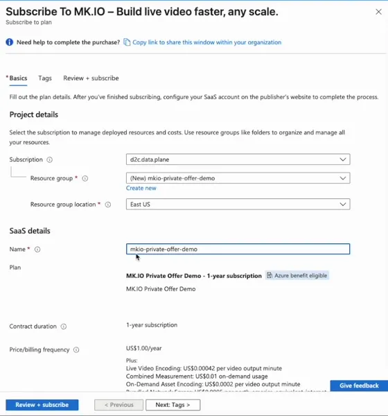 The Basics tab of the Azure subscription wizard showing the subscription, resource group, and SaaS name fields.