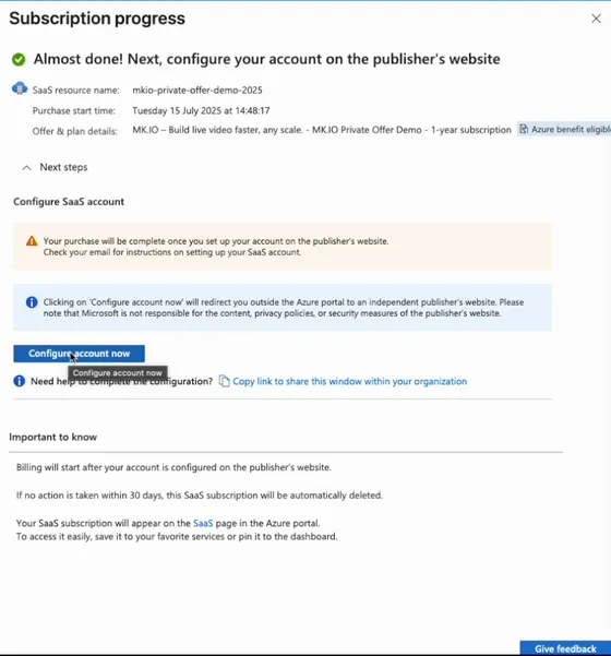 The Azure subscription progress page showing the Configure account now button and the 30-day completion warning.