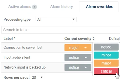 view alarm override select severity controller