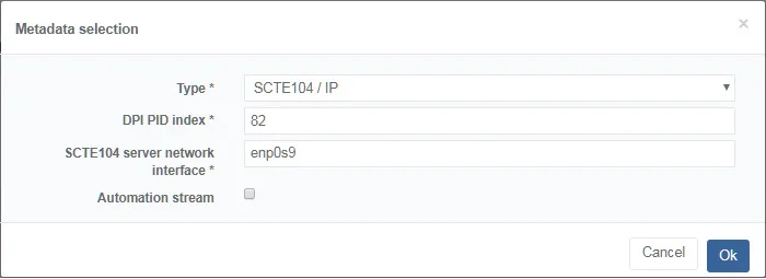 view metadata oob SCTE104 selection type