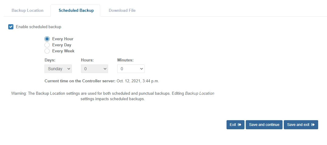 view scheduled backup db remote mfvp controller