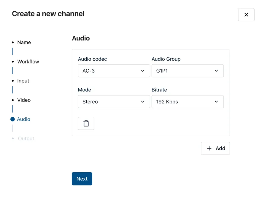 Create a new channel: the Audio step with codec, group, mode, and bitrate
