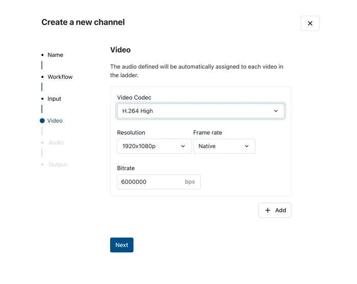 Create a new channel: the Video step for a streaming workflow, with codec, resolution, frame rate, and bitrate