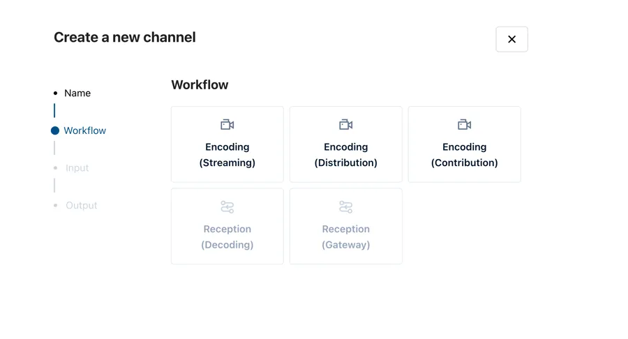 Create a new channel: the Workflow step, listing the encoding and reception workflow types