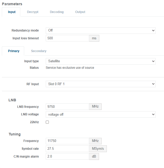 view parameters dektec satellite input cp