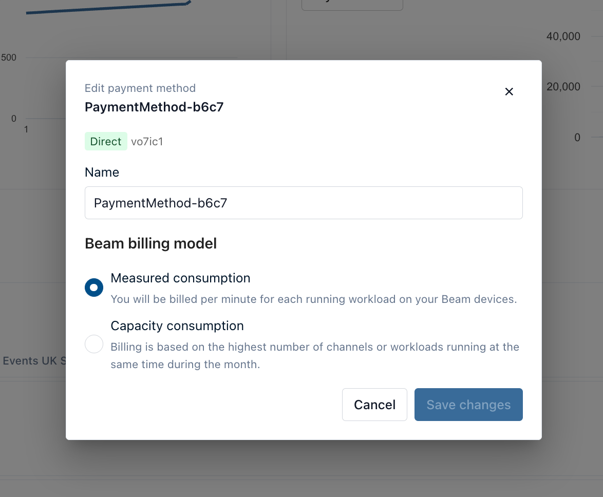Edit payment method dialog showing measured consumption and capacity consumption options