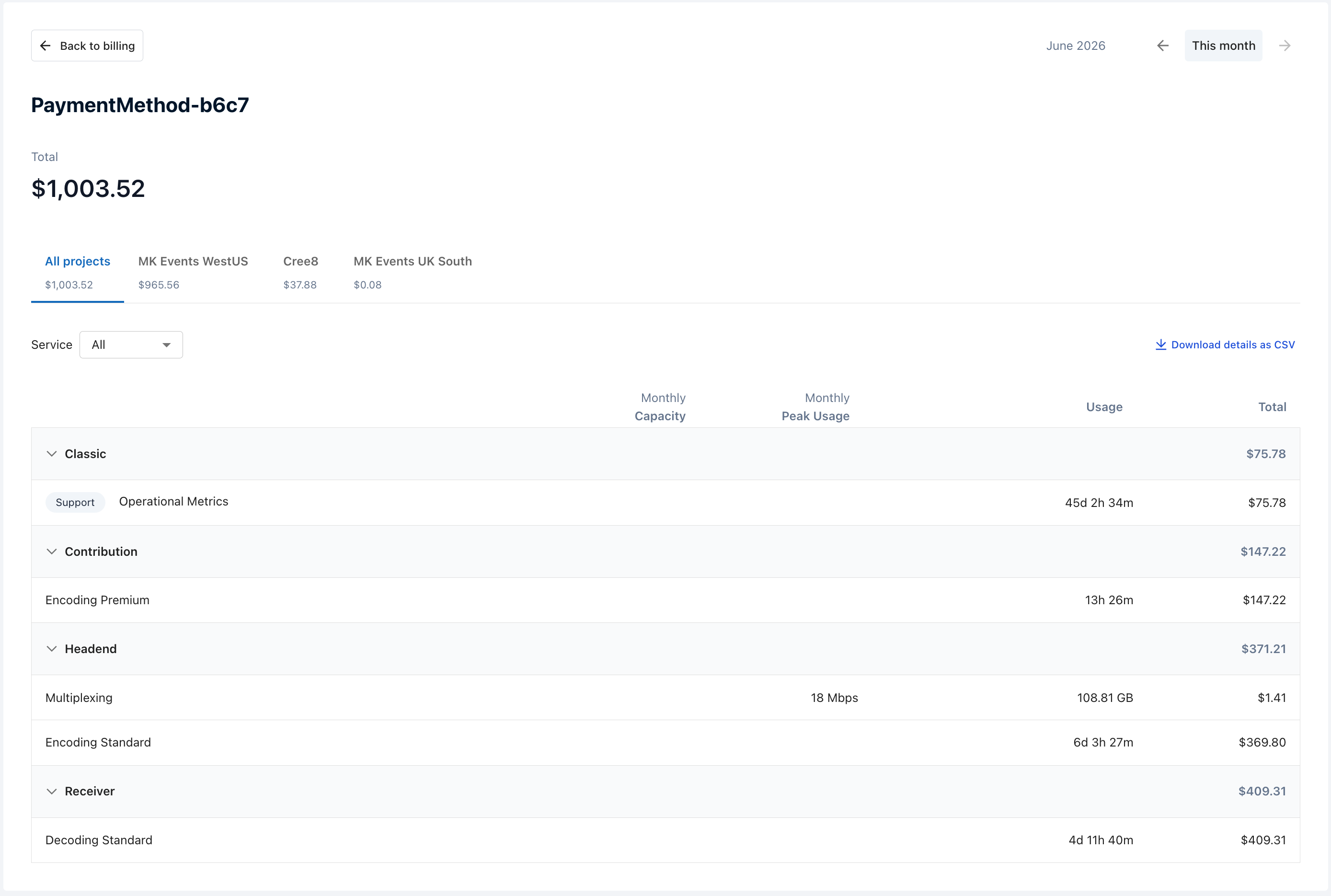 Payment method details page showing project tabs, service filtering, meter rows, and CSV download