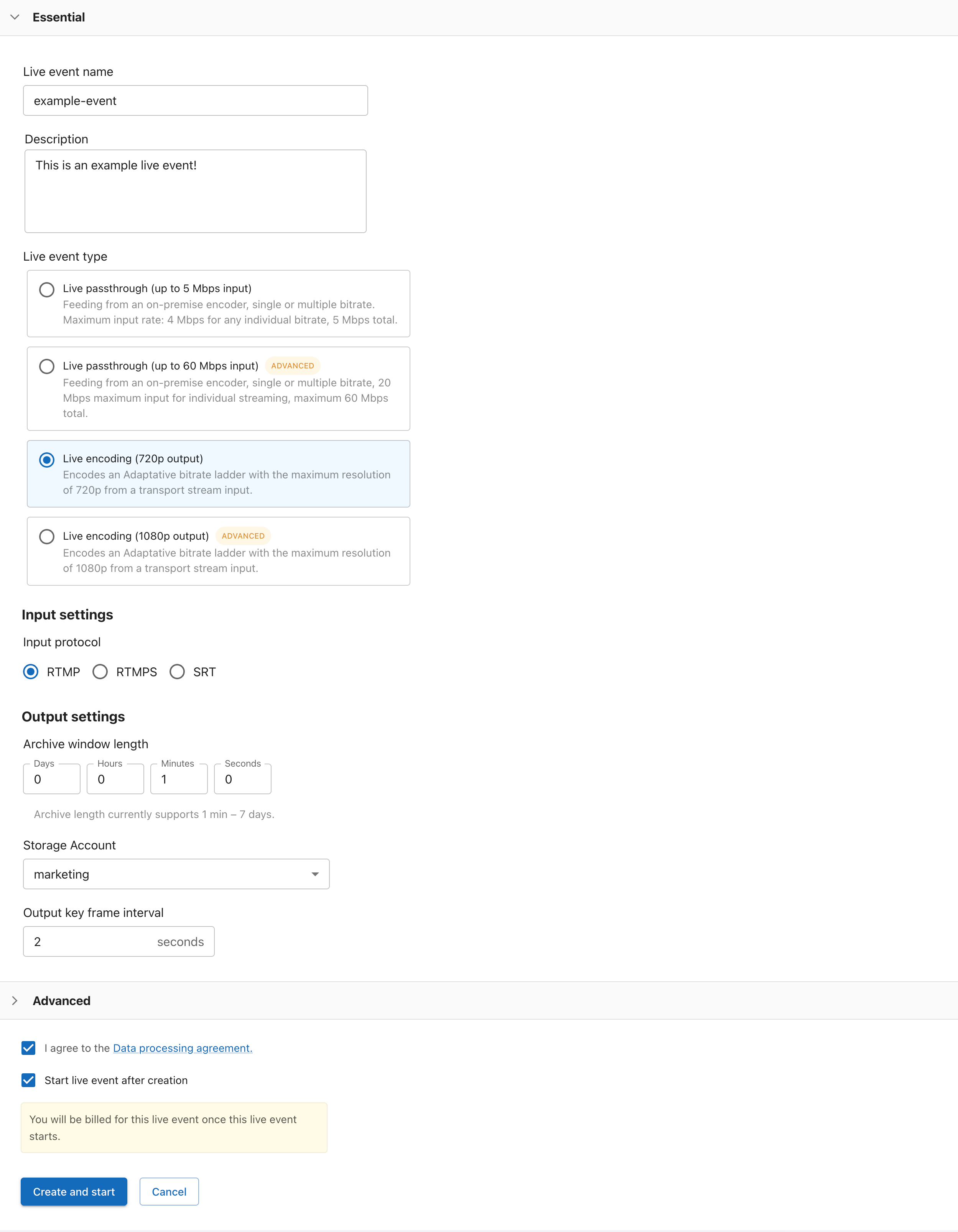 create a live event.
