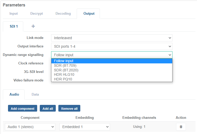view service output parameters sdr hdr signalling